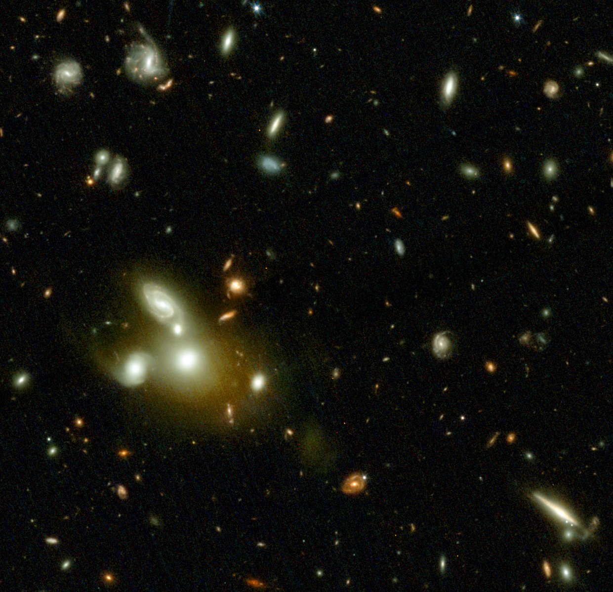 A field of distant galaxies captured by JWST, displaying various shapes, sizes, and colors against a dark background. Some galaxies appear clustered together near the lower left, highlighting the wonders of science.