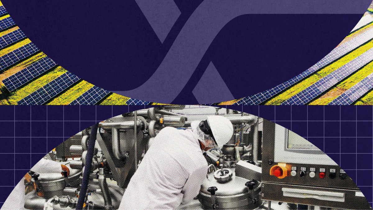 A worker in protective gear operates machinery in an industrial facility, with a partial overlay of solar panels and geometric patterns above—hinting at the innovative spirit found in stellar societies.