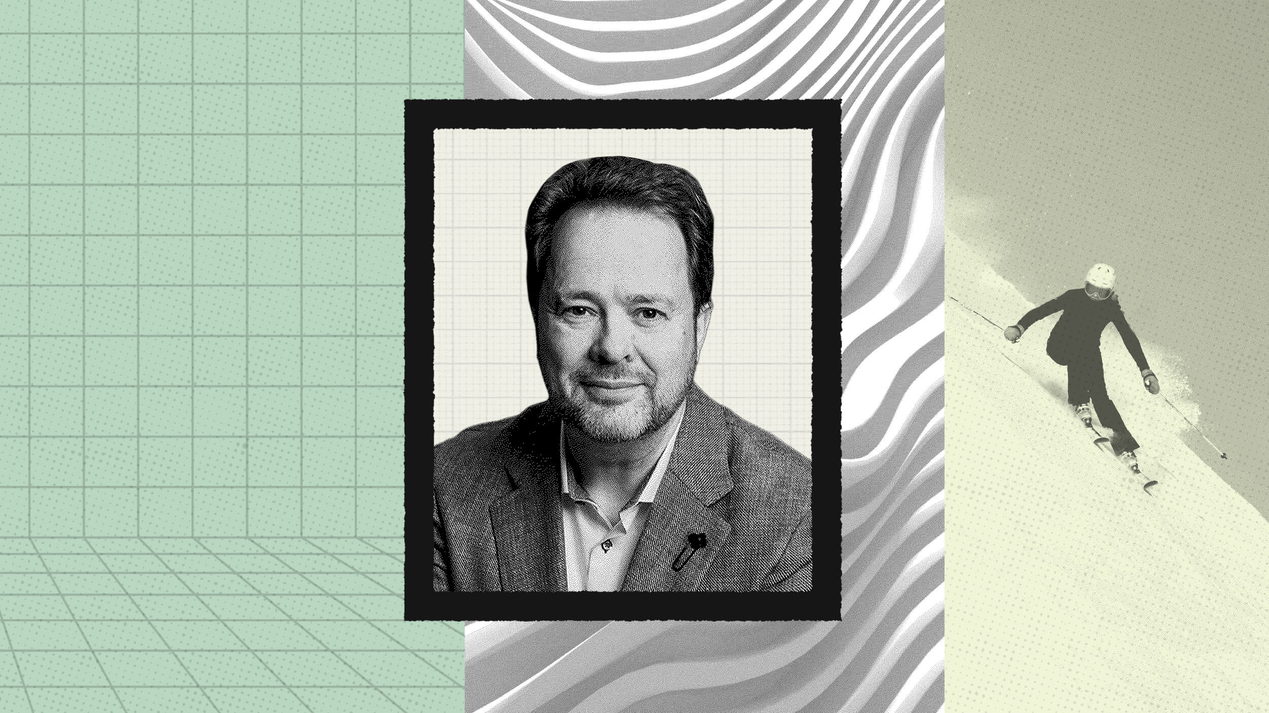 A grayscale portrait of a man in a suit is centered between a grid background and a photo of someone skiing on snow, symbolizing the future of collaboration. Abstract wavy patterns fill the upper center.