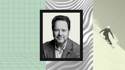 A grayscale portrait of a man in a suit is centered between a grid background and a photo of someone skiing on snow, symbolizing the future of collaboration. Abstract wavy patterns fill the upper center.