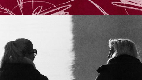 Two women with long hair and dark coats face each other against a divided background, evoking a Socratic dialogue. A red scribbled area looms above, while light and dark halves split the scene behind them.