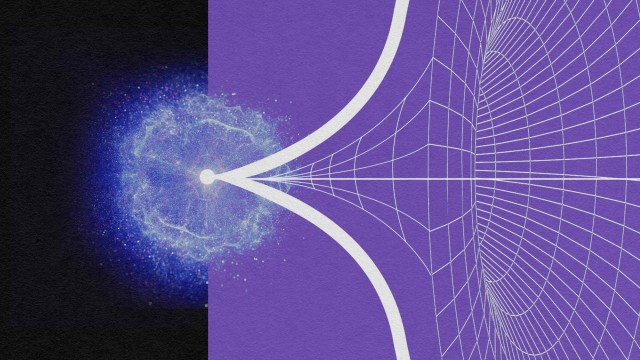 A digital illustration showing a glowing blue particle on the left, evoking cosmic inflation, transitioning into a geometric, grid-like structure on a purple background on the right.