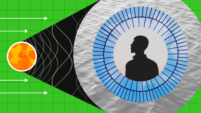Illustration of a silhouetted person inside a circular pattern, with arrows and waves directing from a yellow sphere on a green grid background.