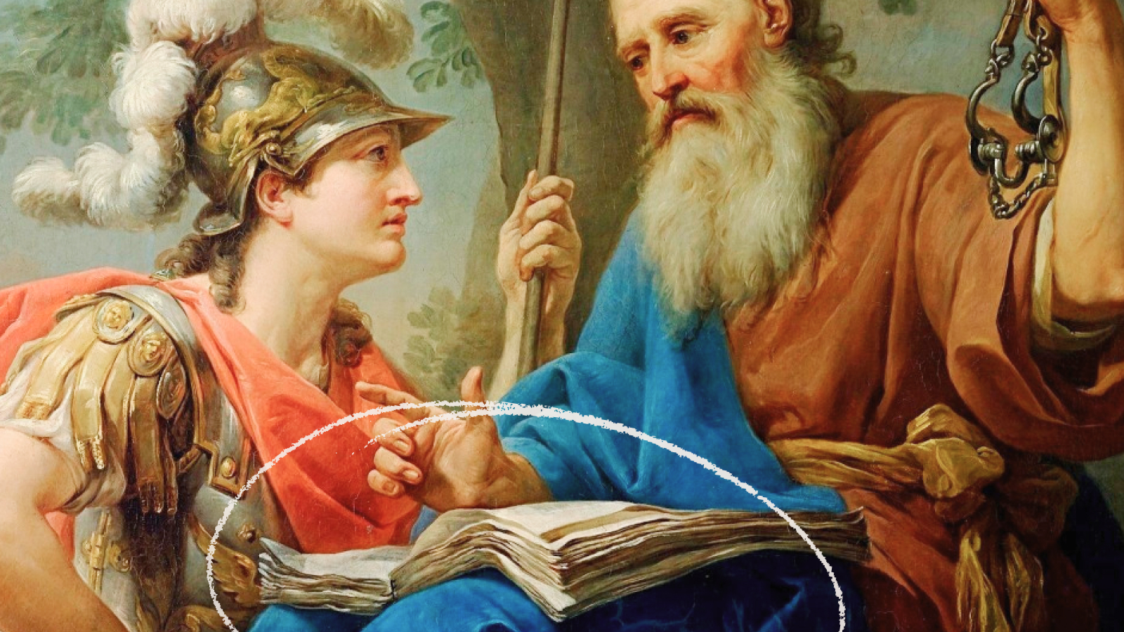 A young armored man consults an elderly bearded man holding a key and a staff, both seated and looking at an open book, as if exploring how stories teach philosophy.