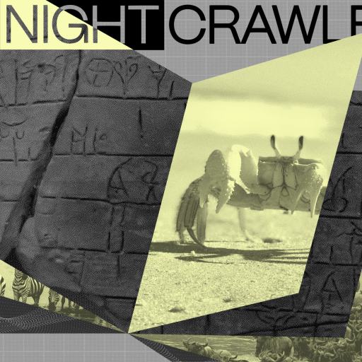 Collage featuring photos of wildlife, ancient stone carvings, and a camel, with the text "THE NIGHTCRAWLER" at the top on a gray grid background—an homage to Sean B. Carroll’s explorations of nature and history.