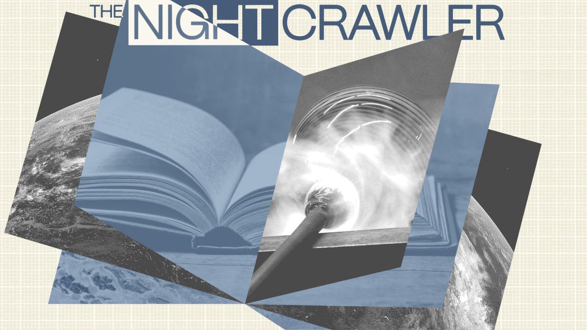 A collage featuring an open book, a light source, and images of the moon captures post-AI wisdom, with the title "The Night Crawler" at the top.