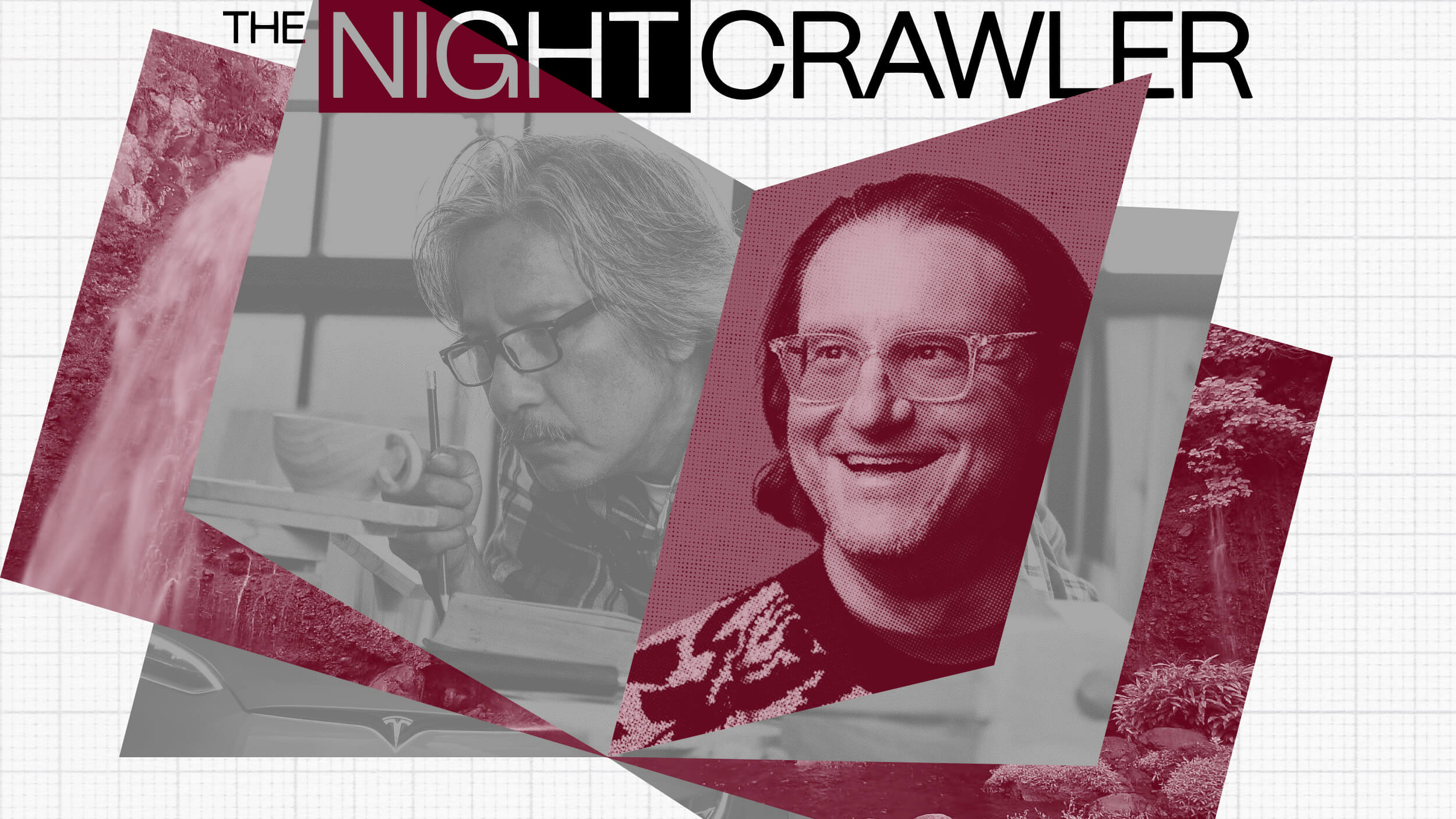 A graphic titled "The Night Crawler" features grayscale and red-tinted images of two men, one writing and one smiling—possibly Brad Feld—overlaid on a grid background with abstract shapes.