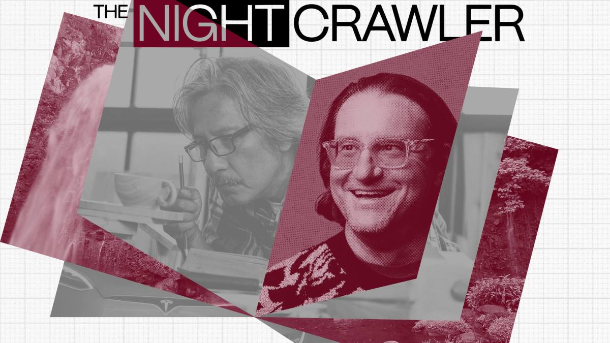 A graphic titled "The Night Crawler" features grayscale and red-tinted images of two men, one writing and one smiling—possibly Brad Feld—overlaid on a grid background with abstract shapes.