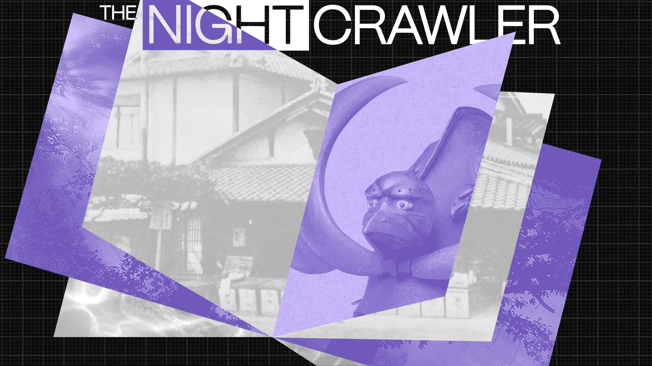 A digital collage with overlapping purple-tinted images, including a traditional building and a sculpture, explores panpsychism under the title "The Nightcrawler" on a black grid background.