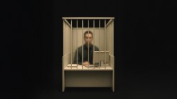 A person sits behind bars at a desk with a computer in a dimly lit setting, suggesting restriction or confinement.