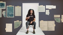 A man with long curly hair sits on a chair in a white hallway, surrounded by illustrated documents, maps, and notes taped to a gray wall.
