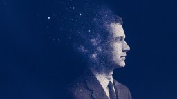 A man in a suit shown in profile, with the back of his head dissolving into a star-filled galaxy against a dark blue background.