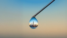 A city skyline is reflected inside a single water droplet hanging from the tip of a metallic object against a gradient sky background.