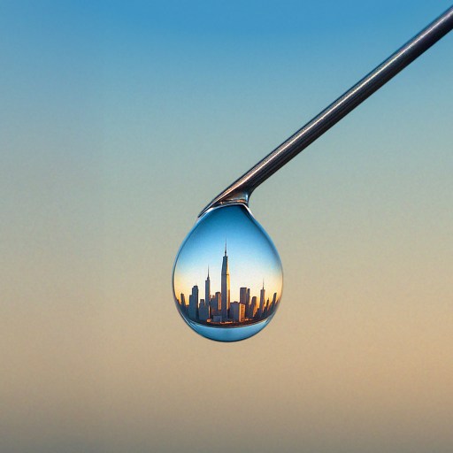 A city skyline is reflected inside a single water droplet hanging from the tip of a metallic object against a gradient sky background.