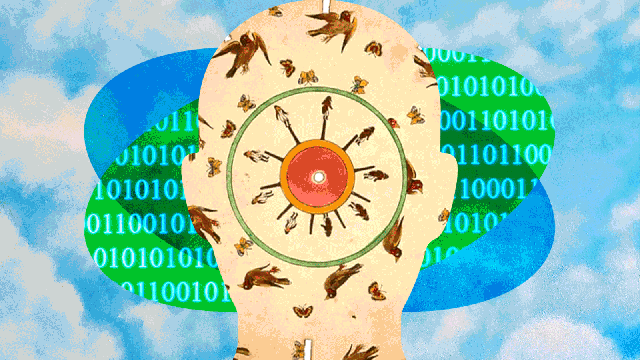 A human silhouette filled with birds and insects is overlaid with a circular target, binary code, and abstract shapes against a sky background with clouds.