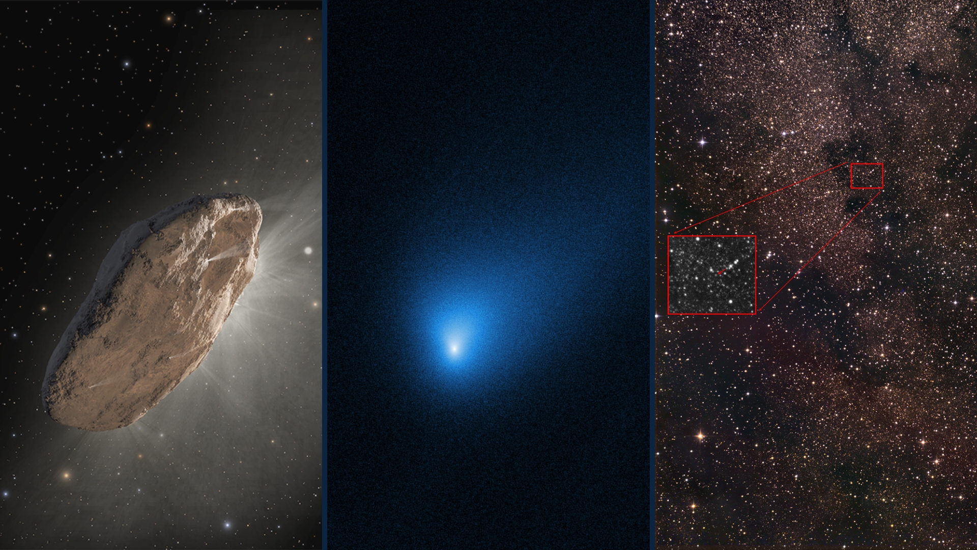 Composite image showing three interstellar objects: left, a rocky object; center, the third interstellar object—a bright comet; right, a star field with two red boxes highlighting the comet's position.