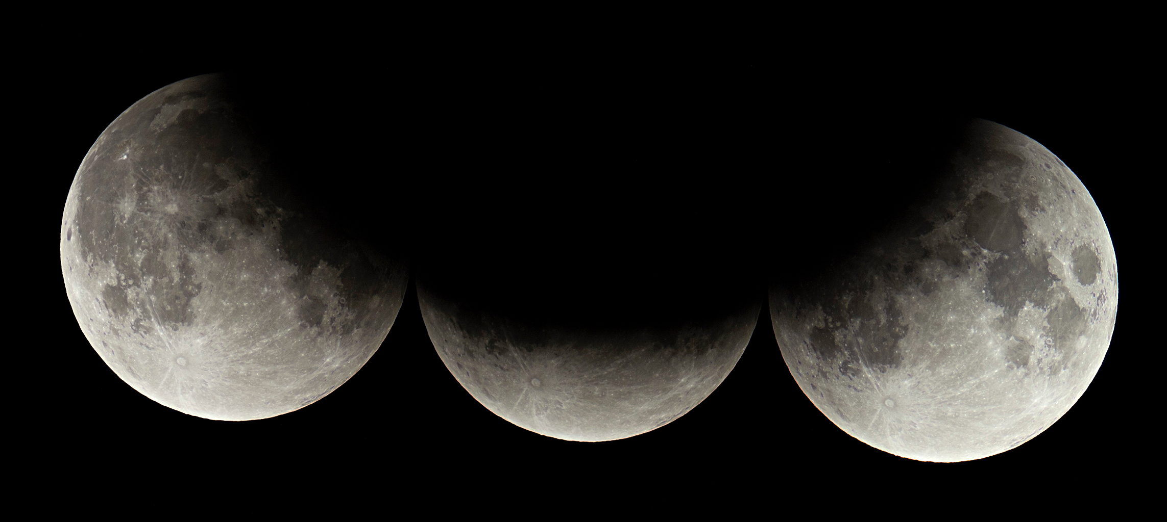 Three moons shown in different stages of a lunar eclipse, with Earth's shadow gradually moving across the surface from left to right—perfect for illustrating 5 science lessons about the moon.
