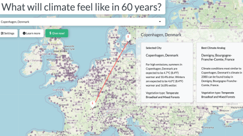 Map showing Copenhagen, Denmark’s projected 2080 climate as similar to Demigny, France today, with a red arrow connecting the two cities and climate details listed in pop-up boxes.