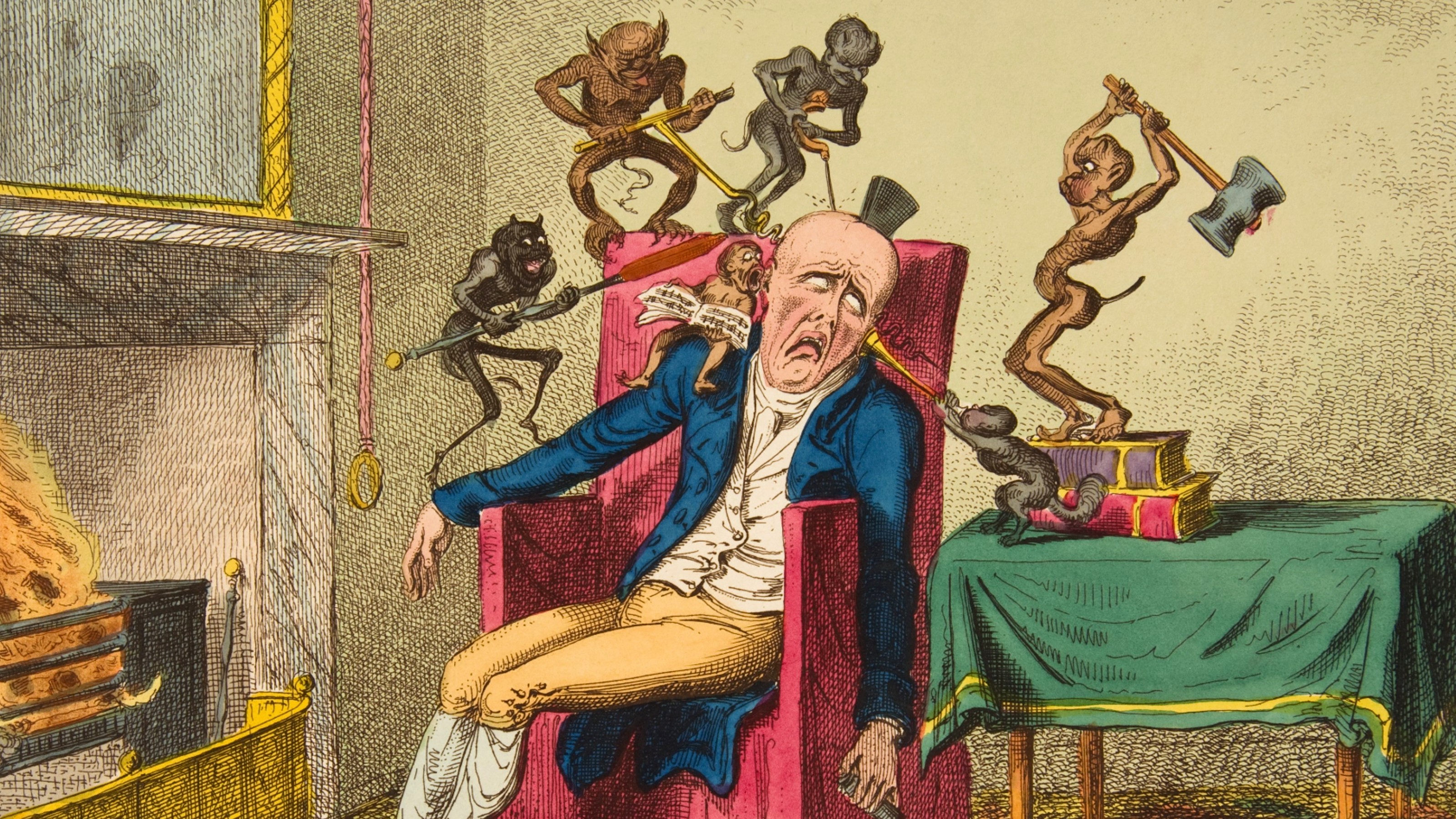 A man slumps in a chair, eyes closed, as small monkey-like creatures torment him with various objects in a room near a fireplace and table.