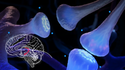 Illustration of a brain with highlighted regions overlaid on a close-up image of blue synapses and neurons, representing neural communication.