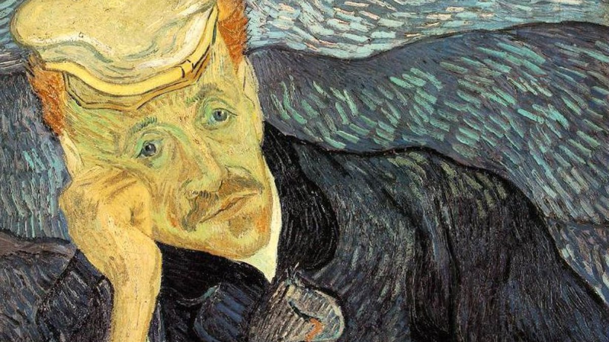 Painting of a man with red hair and a mustache wearing a white cap, resting his head on his hand, set against a swirling blue background with touches of van Gogh yellow paint highlighting the scene.