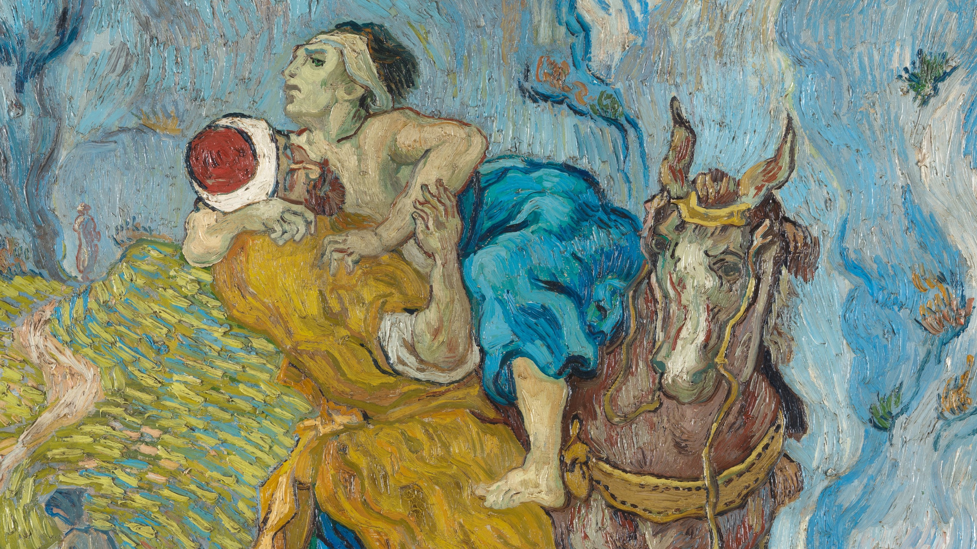 A painting depicts compassionate leaders, as a person in a blue robe carries an injured figure on a brown horse, set against swirling blue and yellow brushstrokes in the background.