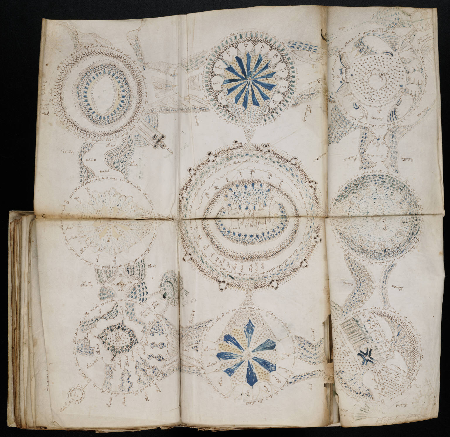 A manuscript page with circular, intricate diagrams, some colored blue and brown, and surrounded by handwritten annotations.