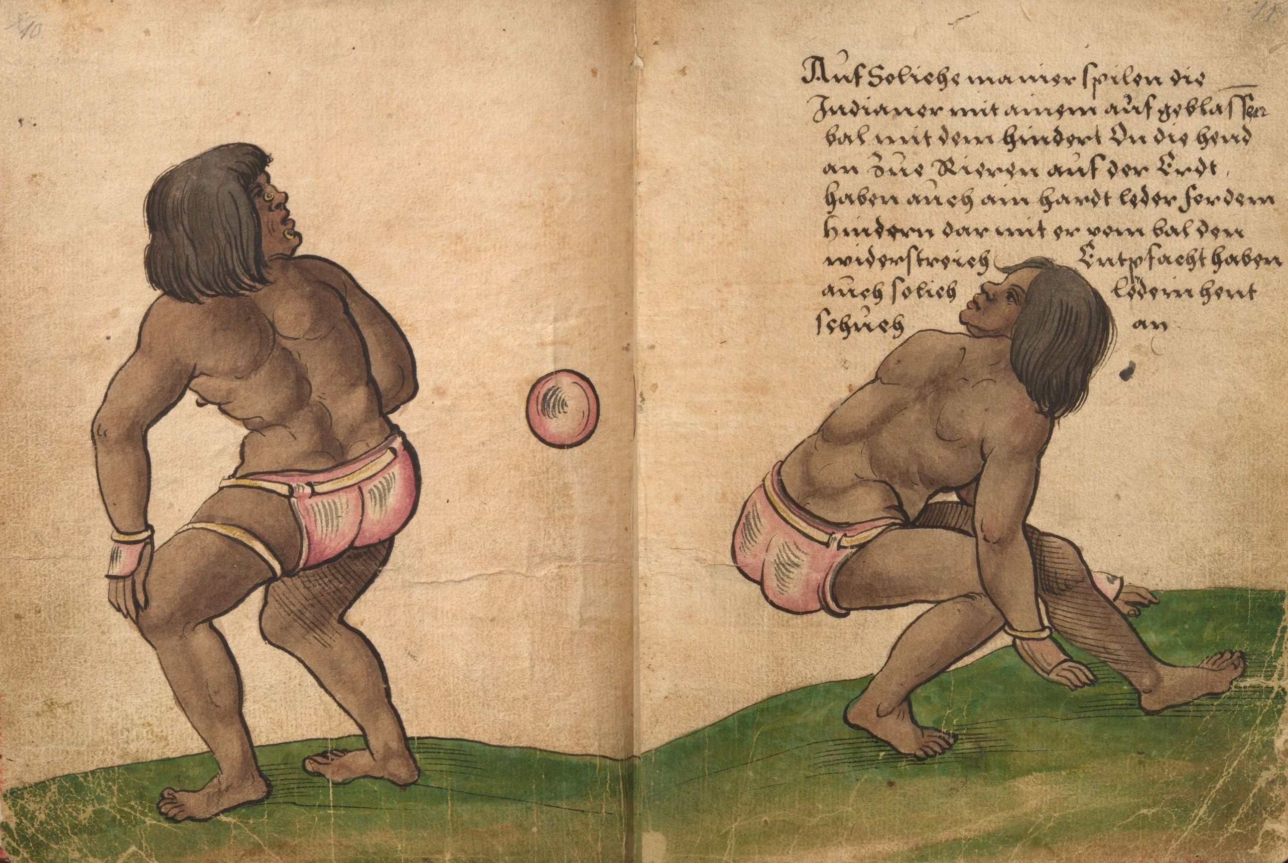 Two men wearing loincloths play a ball game on grass, depicted in an old illustrated manuscript with handwritten text on the right page.