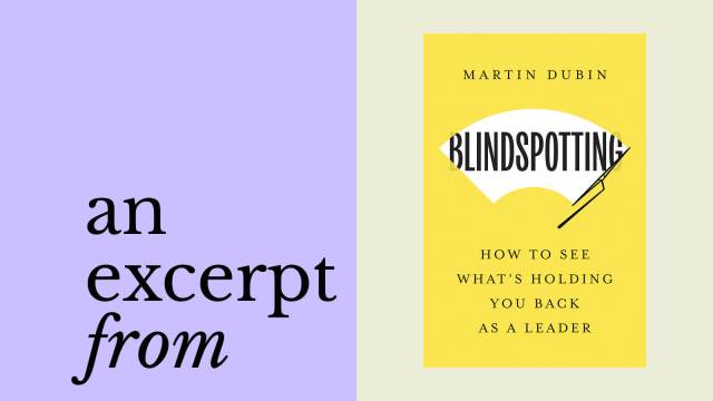 Book cover of "Blindspotting: How to See What's Holding You Back as a Leader" by Martin Dubin, featuring the word "blindspotting" and “an excerpt from” on a purple background.