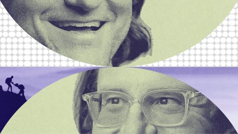 Halftone close-ups of a person's smiling mouth and eyes, with a small silhouette of people climbing a hill—evoking the adventurous spirit of Brad Feld—set against abstract backgrounds.
