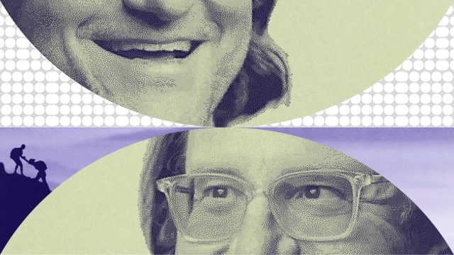 Halftone close-ups of a person's smiling mouth and eyes, with a small silhouette of people climbing a hill—evoking the adventurous spirit of Brad Feld—set against abstract backgrounds.