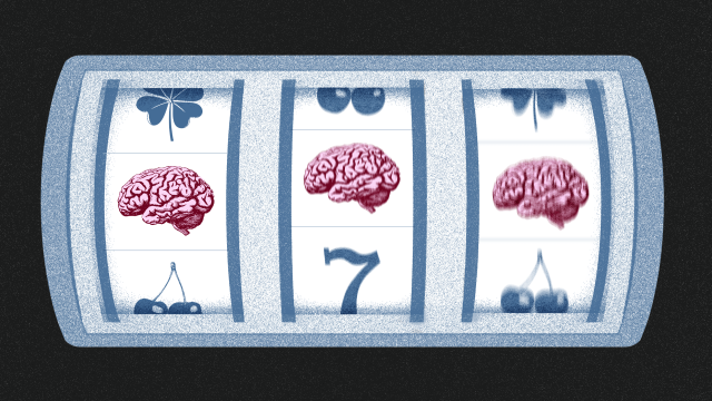 A slot machine displays various icons, including brains, cherries, a clover, and the number seven—an homage to Anne-Laure Le Cunff’s work—with two brains and a seven visible in the central row.