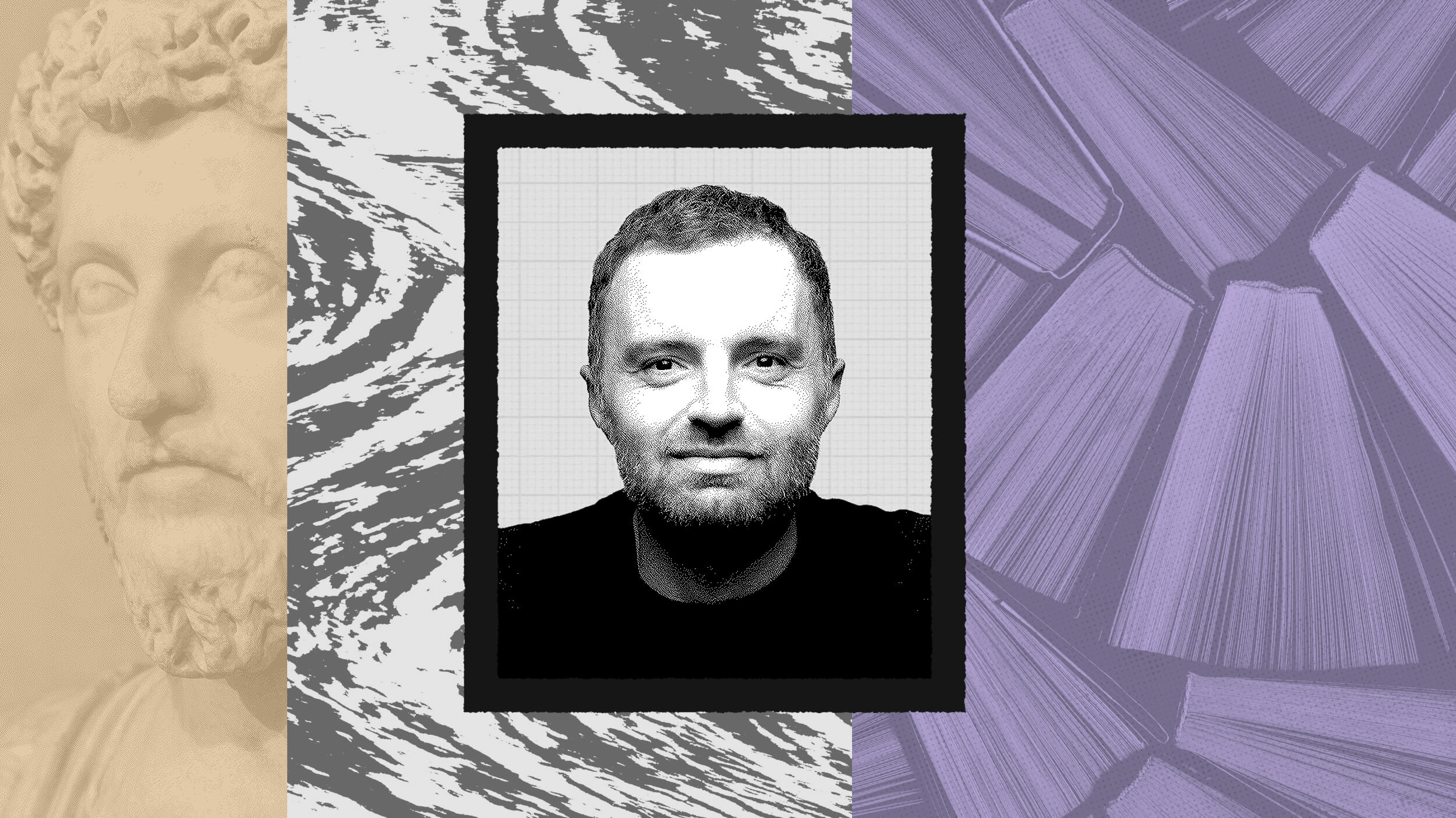 A grayscale portrait of David Senra is centered on a collage background featuring a marble statue, abstract black-and-white swirls, and purple book spines.