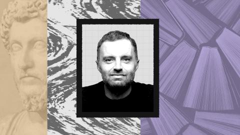 A grayscale portrait of David Senra is centered on a collage background featuring a marble statue, abstract black-and-white swirls, and purple book spines.