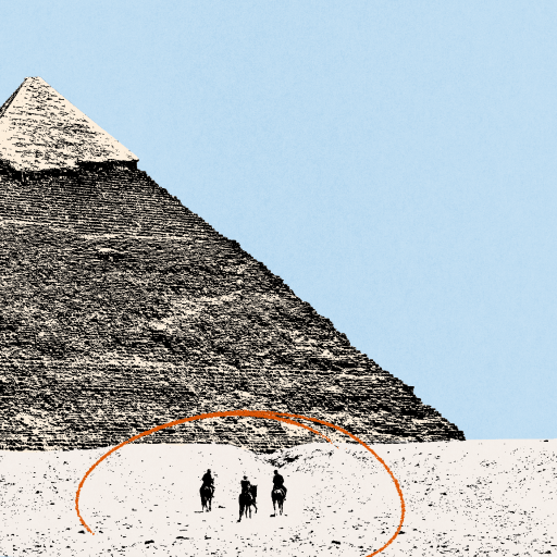 A pyramid stands in a desert with three people in front, evoking experimental archeology; a modern McDonald's restaurant is visible in the background on the right.