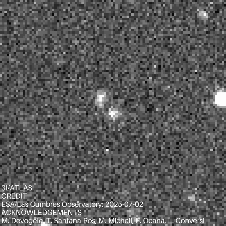 Black-and-white telescope image showing a small, bright object—possibly the third interstellar object—with a faint, curved shape among many scattered stars. Text at the bottom credits the observatory and researchers.