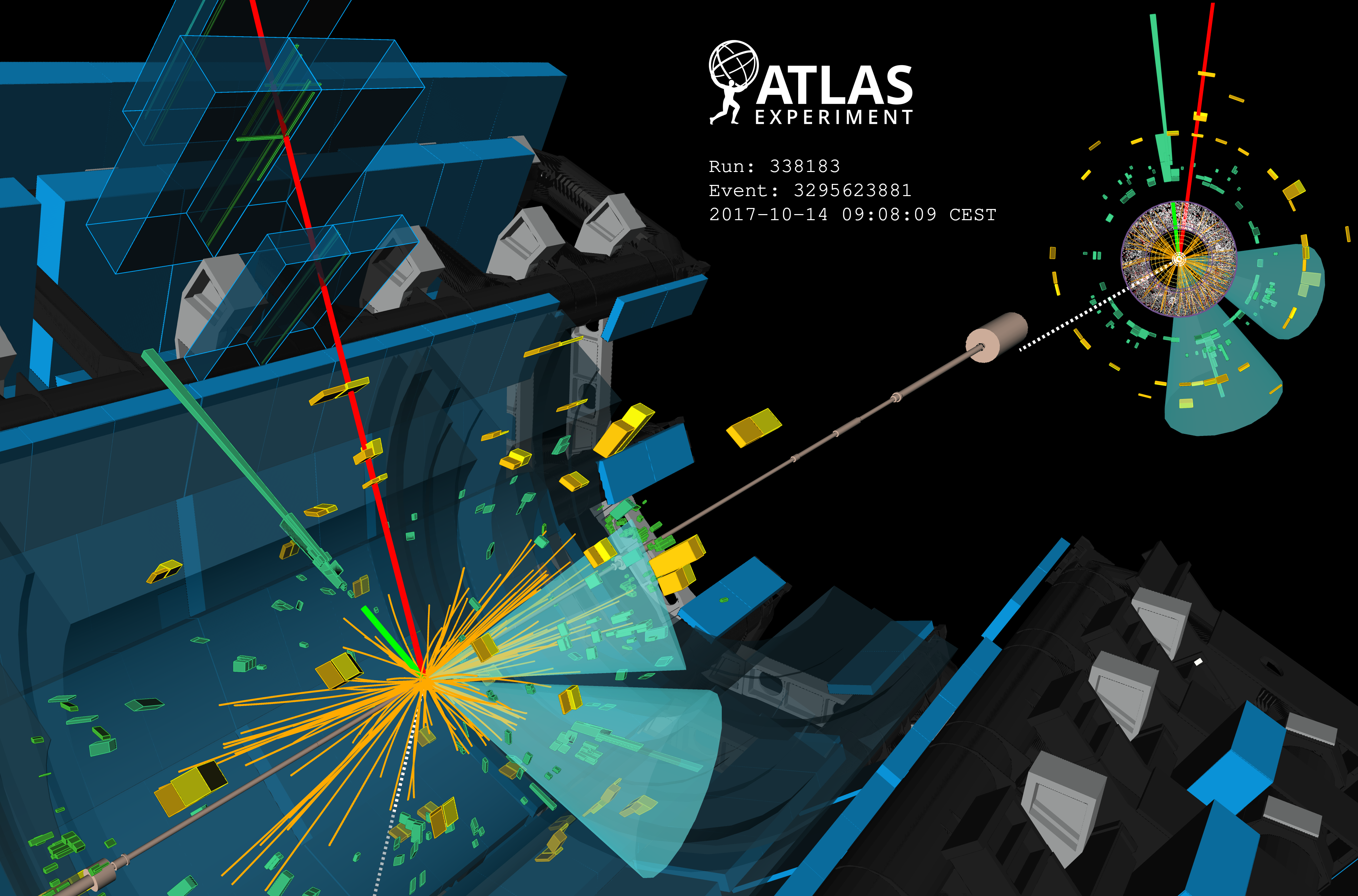 Computer visualization of particle collision data from the ATLAS experiment at CERN, showing tracks and energy deposits in a detector cross-section, with possible signals from top quark bound state toponium.
