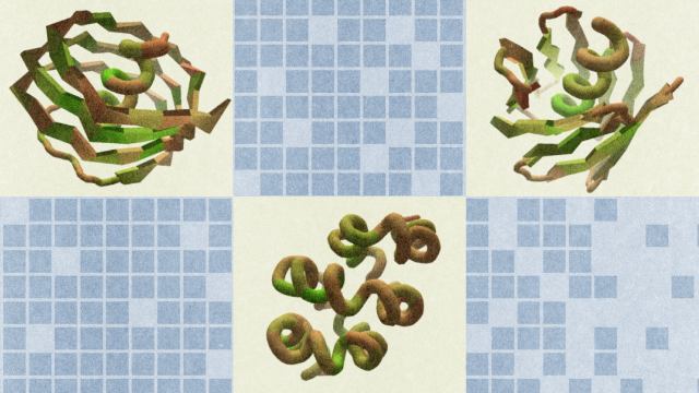 Three different 3D protein structures are displayed on a light grid-patterned background, each occupying a separate quadrant in the image.
