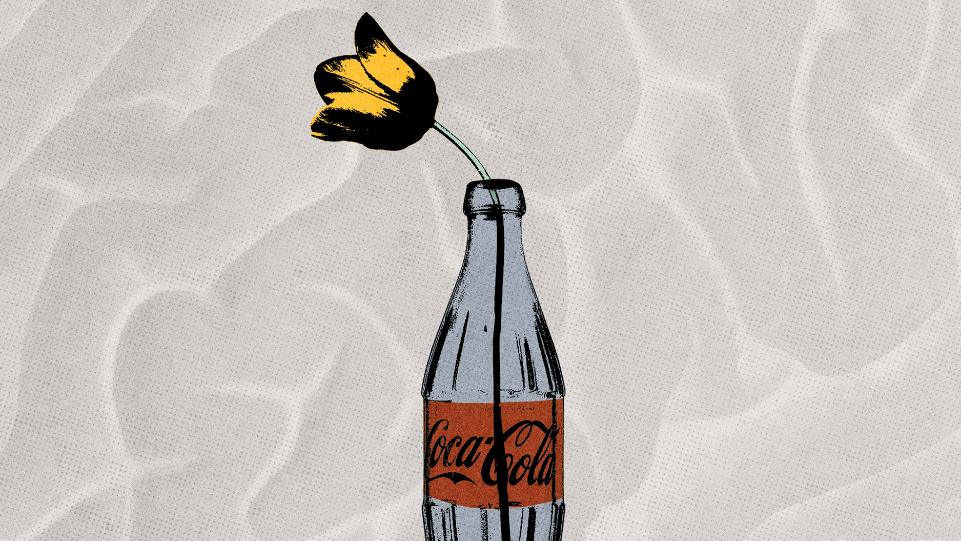 Illustration of a yellow flower placed inside an empty glass Coca-Cola bottle against a textured, light-colored background, subtly contrasting nature’s simplicity with symbols sometimes co-opted by extremism.
