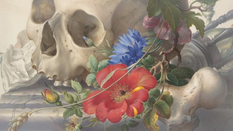 A human skull and bone rest beside colorful flowers and sheet music in a detailed memento mori still life composition.