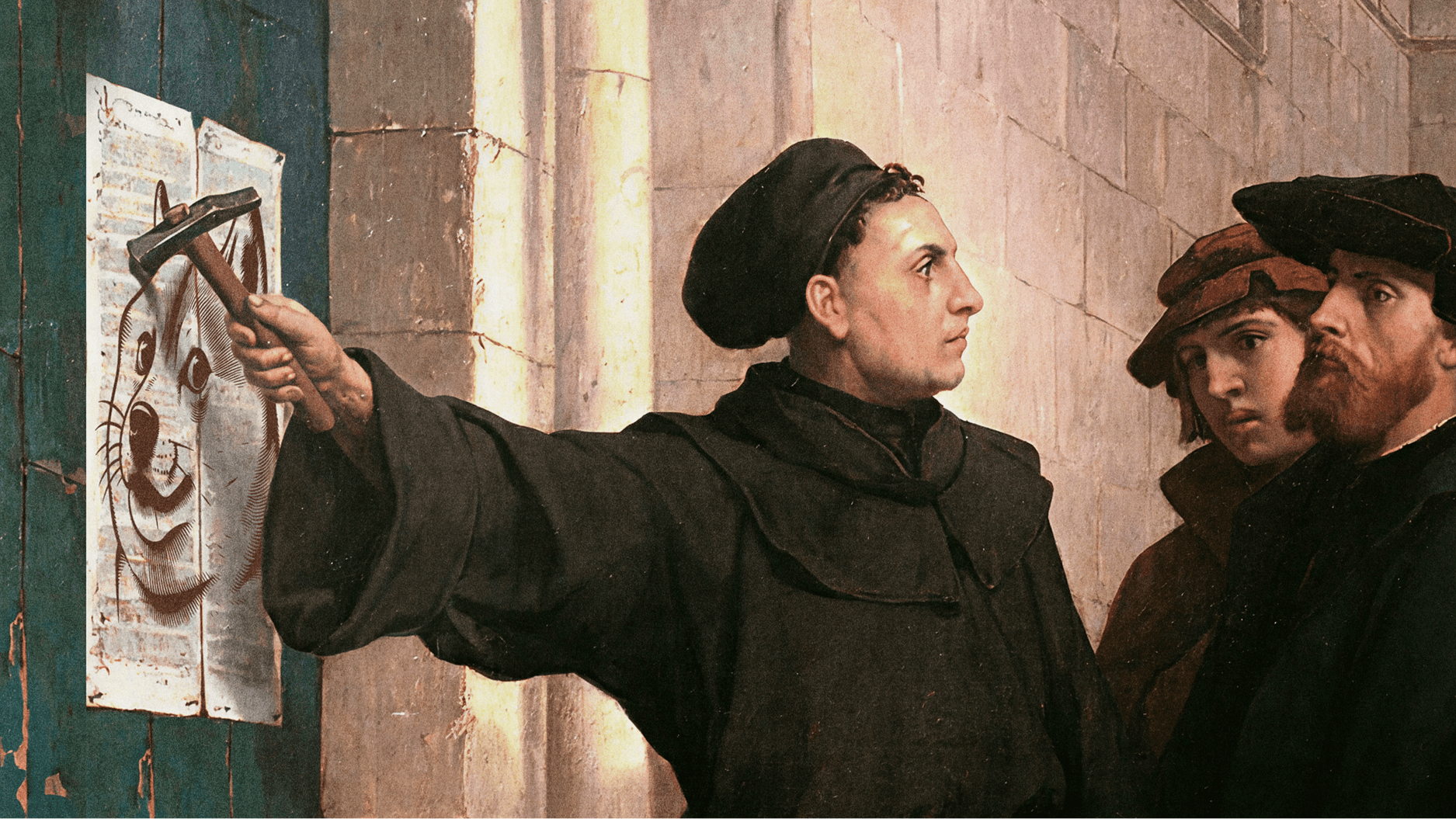 A man in historical clothing nails a document featuring a cartoon animal face—a nod to popular memes—to a wooden door, while two others watch.