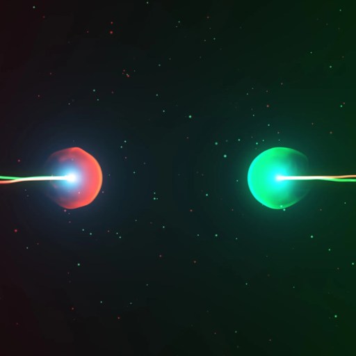Two glowing spheres, one red and one green, face each other in space with a wavy line of light—like a particle physics collision—connecting them against a speckled dark background reminiscent of the last collider’s discoveries.