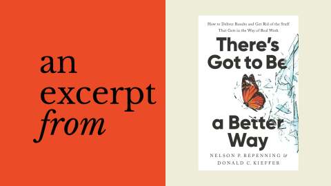 Split image: Left side has the words "an excerpt from" on a red background; right side features the book cover "There's Got to Be a Better Way" by Repenning & Kieffer, highlighting insights on dynamic work design with a butterfly illustration.