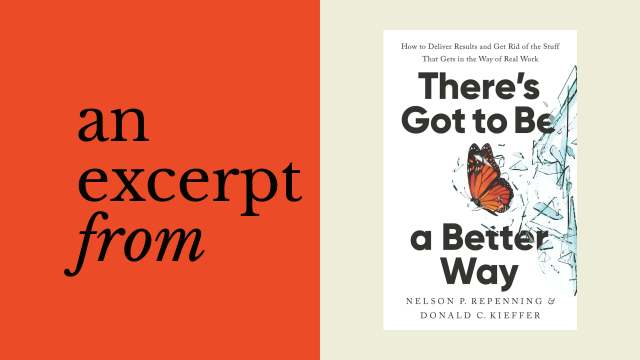 Split image: Left side has the words "an excerpt from" on a red background; right side features the book cover "There's Got to Be a Better Way" by Repenning & Kieffer, highlighting insights on dynamic work design with a butterfly illustration.