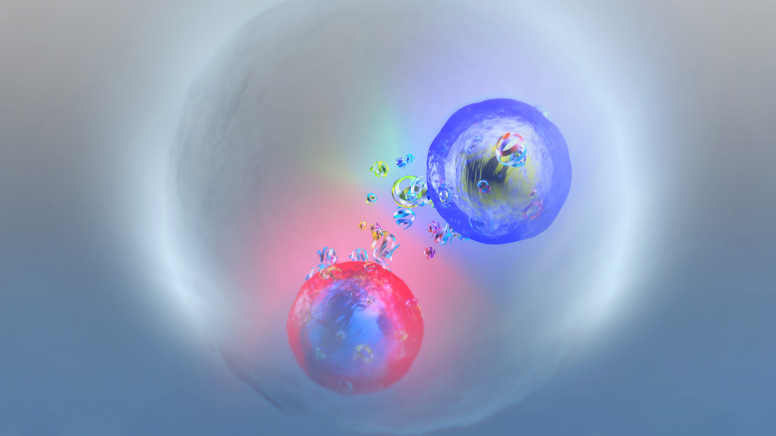 Two colorful, semi-transparent spheres, one blue and one red, represent a possible top quark bound state, toponium, surrounded by small particles inside a cloudy, circular enclosure.