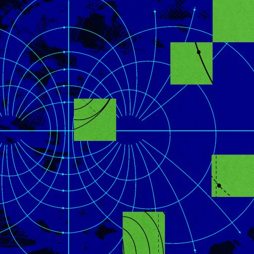 Abstract digital artwork featuring concentric blue circles, lines, and green geometric shapes over a dark blue and black textured background, evoking a sense of vibe physics within its captivating composition.