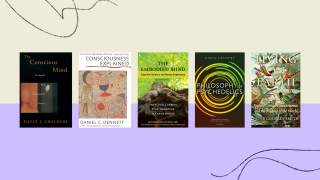 Five books on consciousness and philosophy are displayed upright in a row against a pale background with abstract black lines.