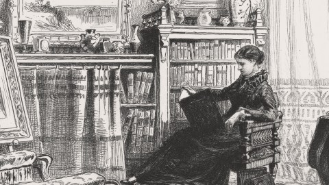 A woman sits in a Victorian-style room, reading a large book of classic books. She is surrounded by bookshelves, decorative objects, and a curtained window letting in natural light.
