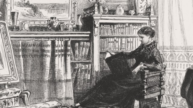 A woman sits in a Victorian-style room, reading a large book of classic books. She is surrounded by bookshelves, decorative objects, and a curtained window letting in natural light.