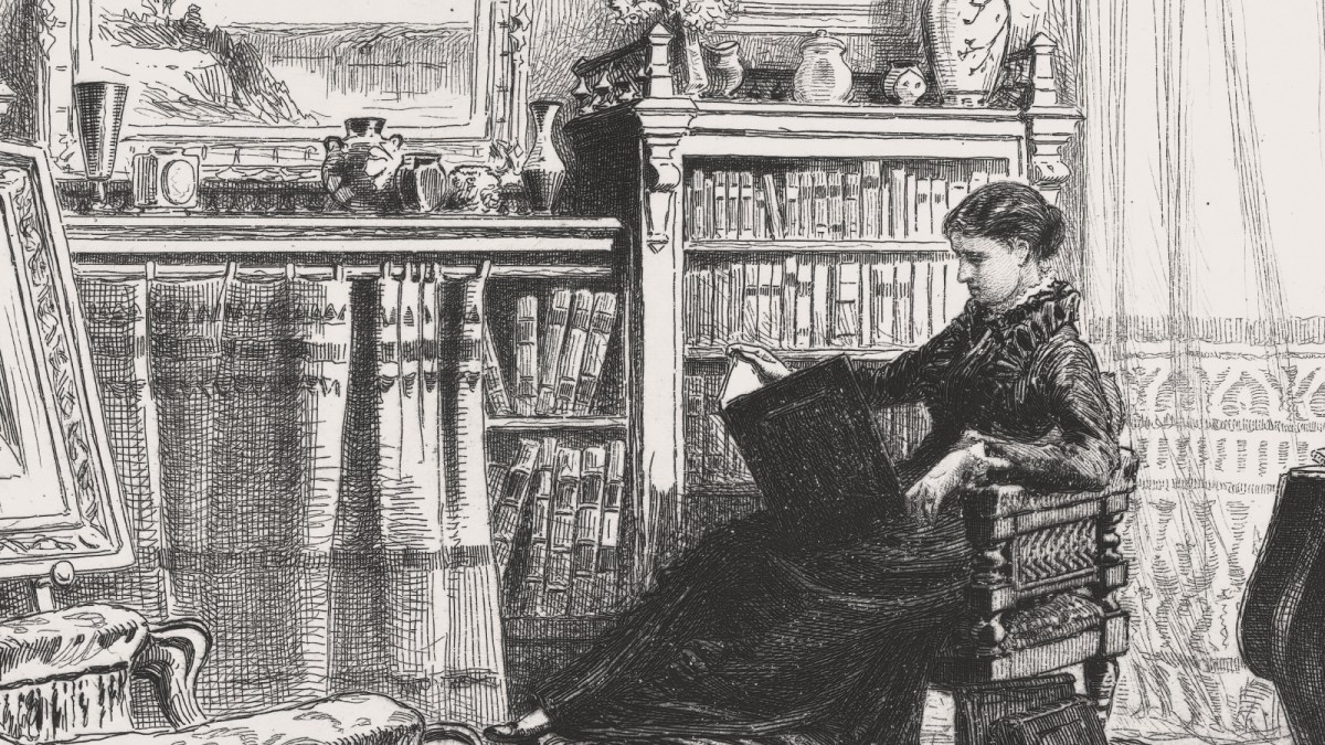 A woman sits in a Victorian-style room, reading a large book of classic books. She is surrounded by bookshelves, decorative objects, and a curtained window letting in natural light.